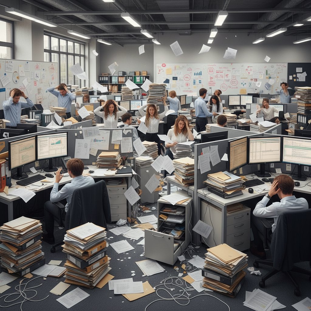 Overwhelmed employees surrounded by paper and screens, illustrating information chaos and the need for document summarization workflow integration