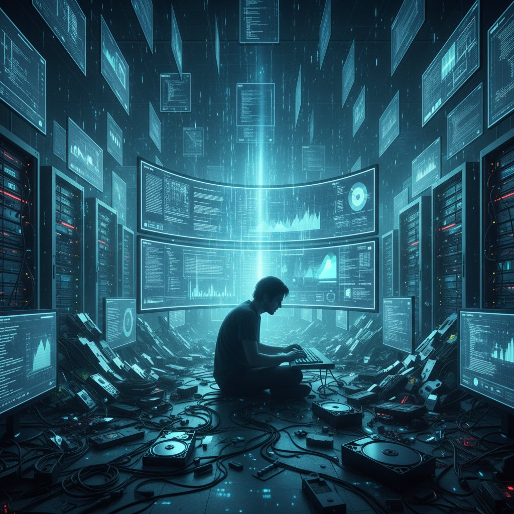 Overwhelming digital document stacks on a glowing screen, symbolizing the chaos before using a document summarizer for simplified workflow