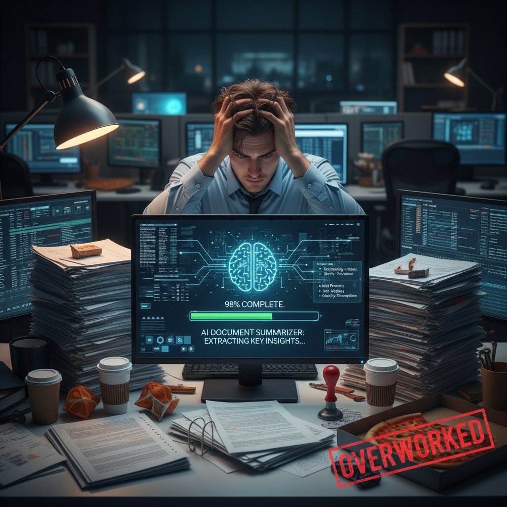 Overworked market analyst surrounded by reports and digital clocks, showing document overload and fatigue, AI document summarizer context