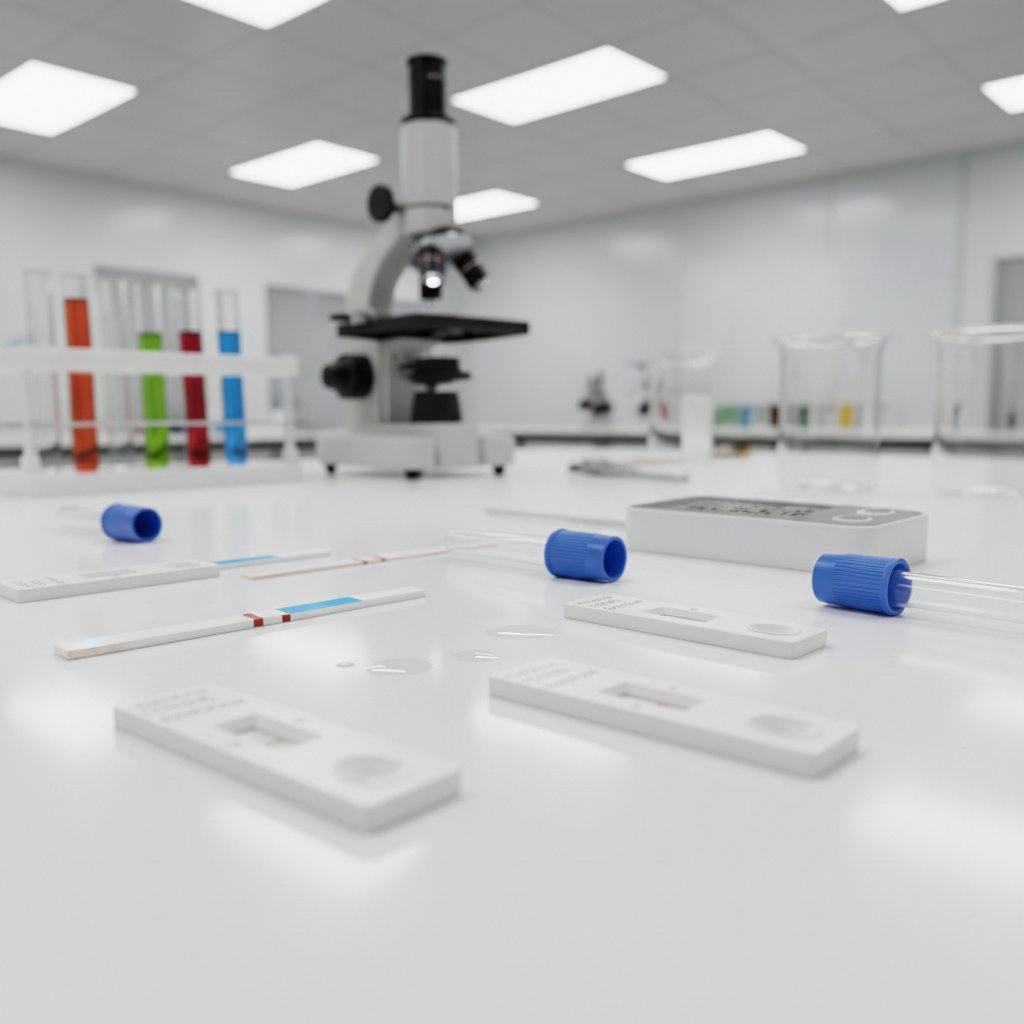 Zbliżenie na różne rodzaje testów owulacyjnych na stole laboratoryjnym