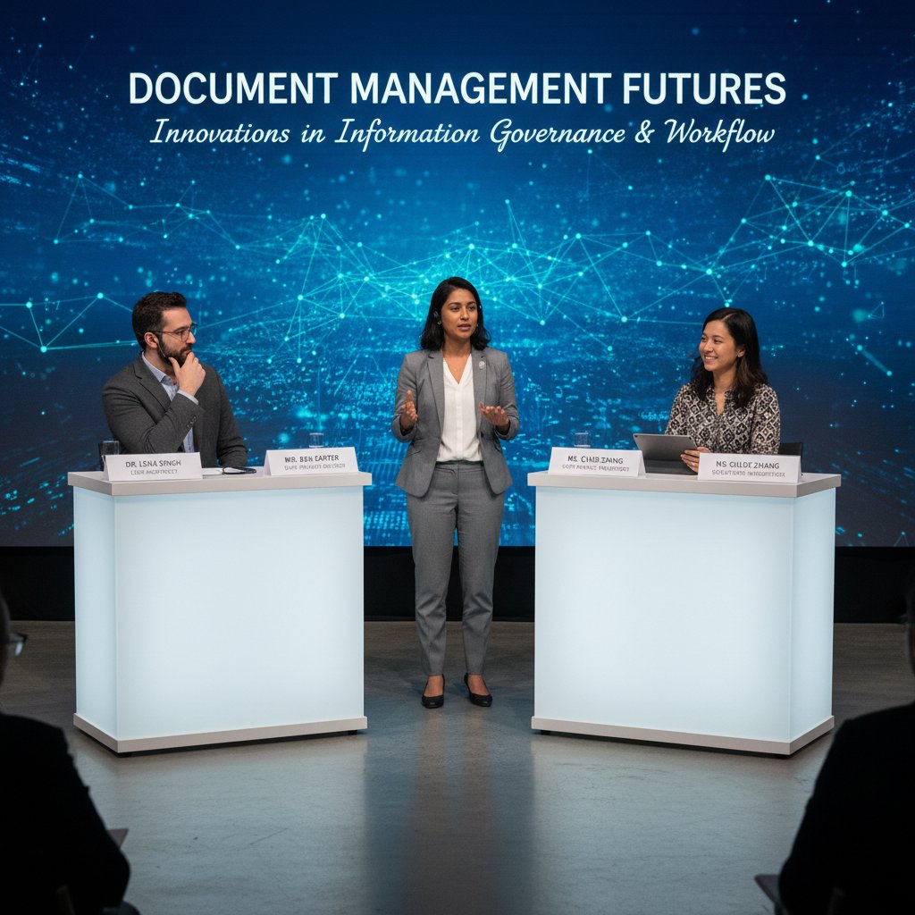 Panel of diverse professionals in heated discussion with digital backdrop, showing expert debate on DMS