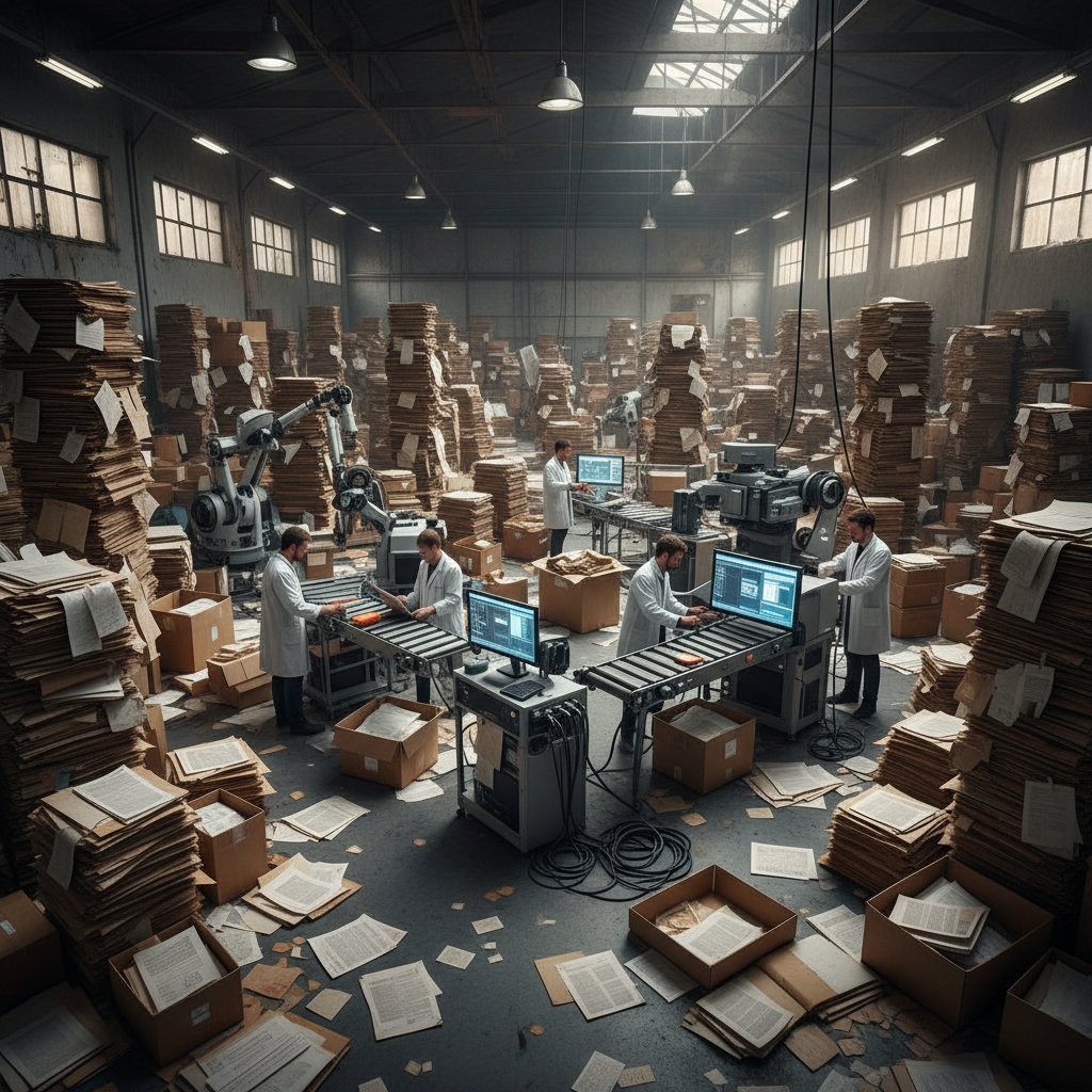 Overwhelming stacks of paper in a corporate archive illustrating the persistent challenge of document digitization