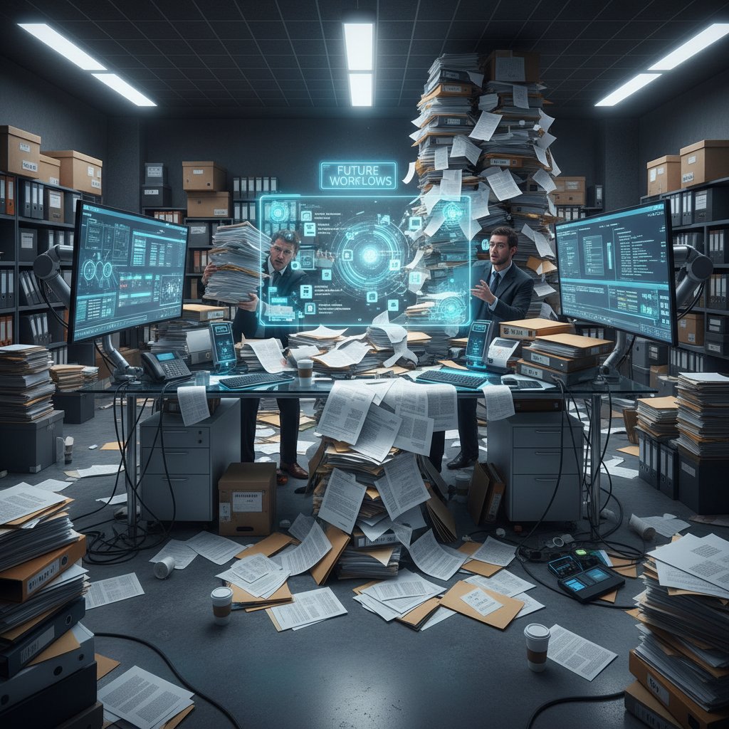 Overflowing file cabinets and digital screens in a modern office, highlighting persistent paper reliance and the need for document digitization