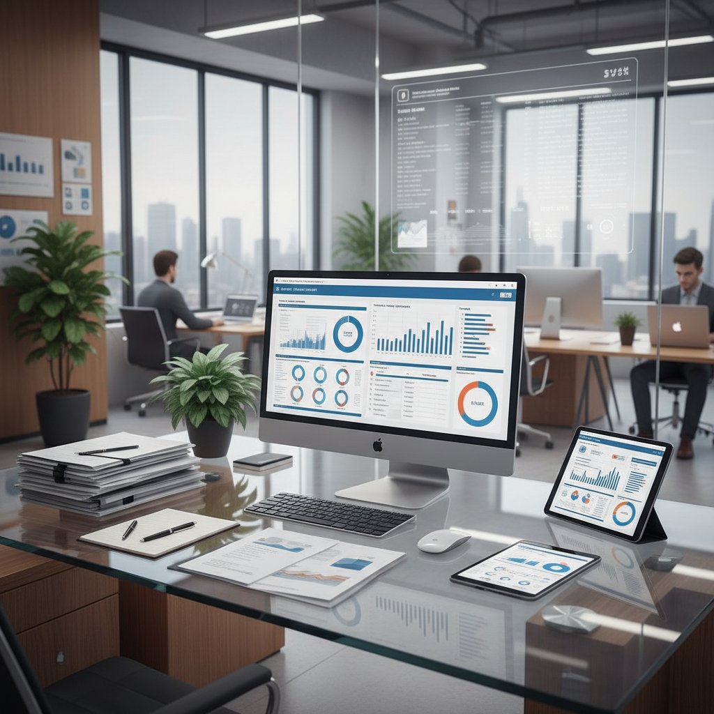Paper and digital documents in a modern office, side by side showing contrast in the digitization process