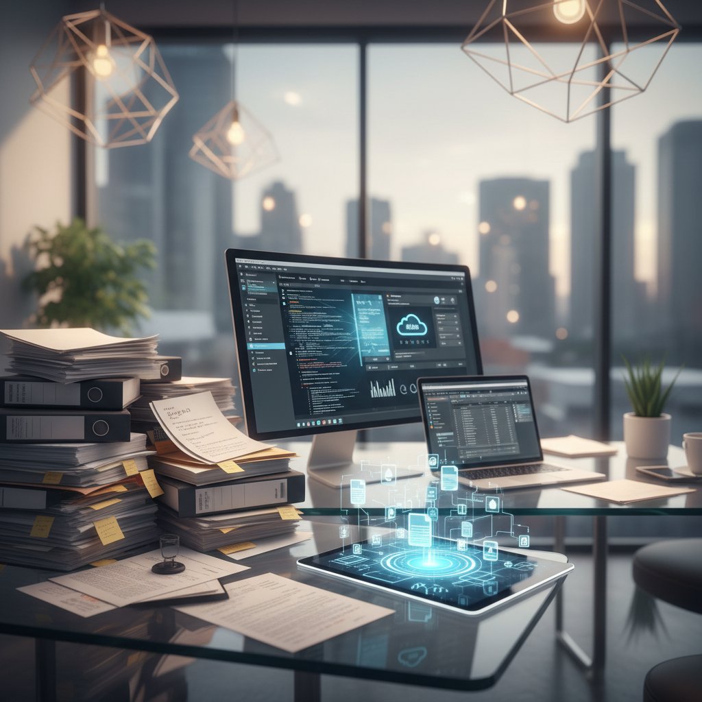 Stacks of paper documents morphing into digital files in a modern office, showcasing document digitization industry forecast