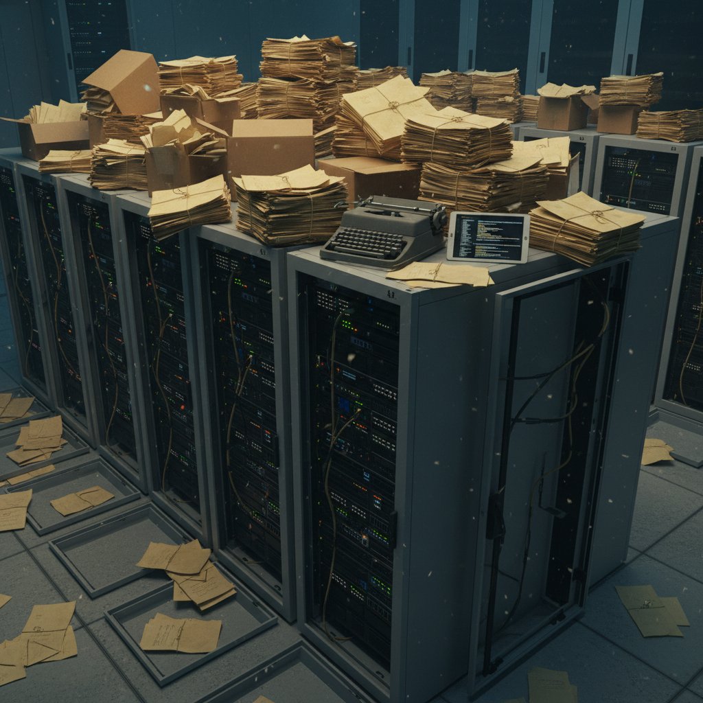 Paper documents beside digital servers, symbolizing paperless promises and digital transformation in the document digitization market.