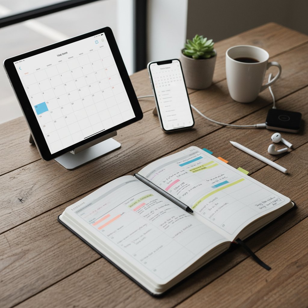 Close-up photo of a well-used paper planner surrounded by digital devices on a desk, symbolizing analog vs digital calendars