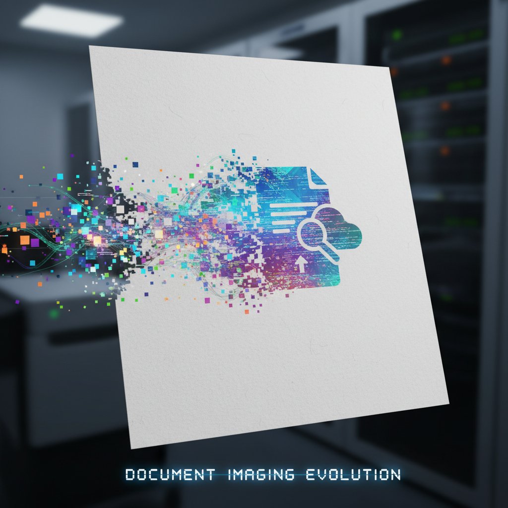 Paper sheet transforming into digital pixels in mid-air, symbolizing transformation in document imaging technologies