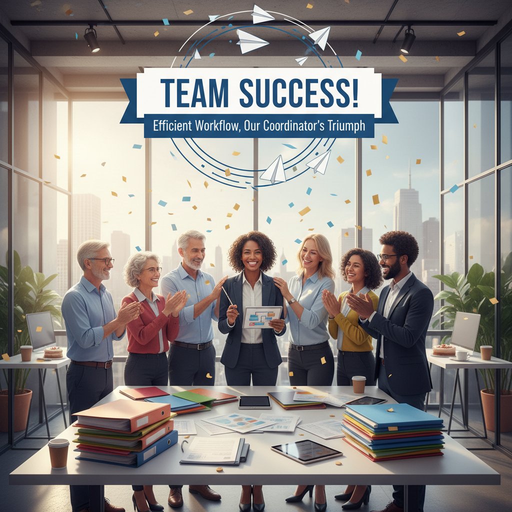 Diverse team celebrating paperwork workflow success, motivational and victorious mood