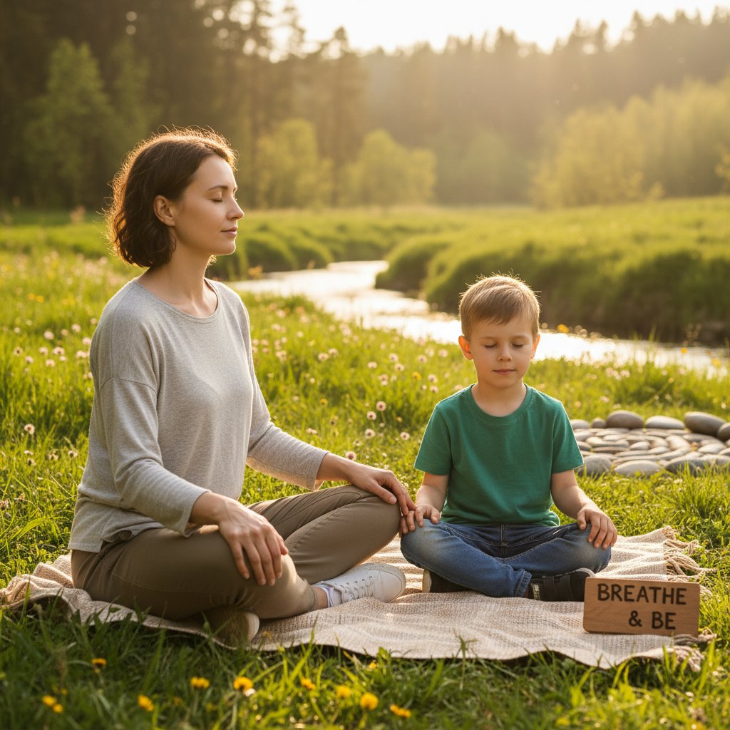Rodzic i dziecko wspólnie wykonują ćwiczenia mindfulness w salonie
