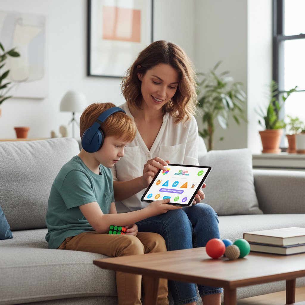 Wykorzystanie nowoczesnych technologii w wsparciu dzieci z ADHD, rodzic i dziecko z tabletem