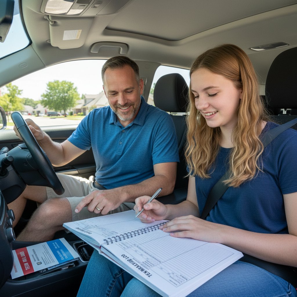 Parent and teen together in car, reviewing paper driving logbook, supportive atmosphere, daytime
