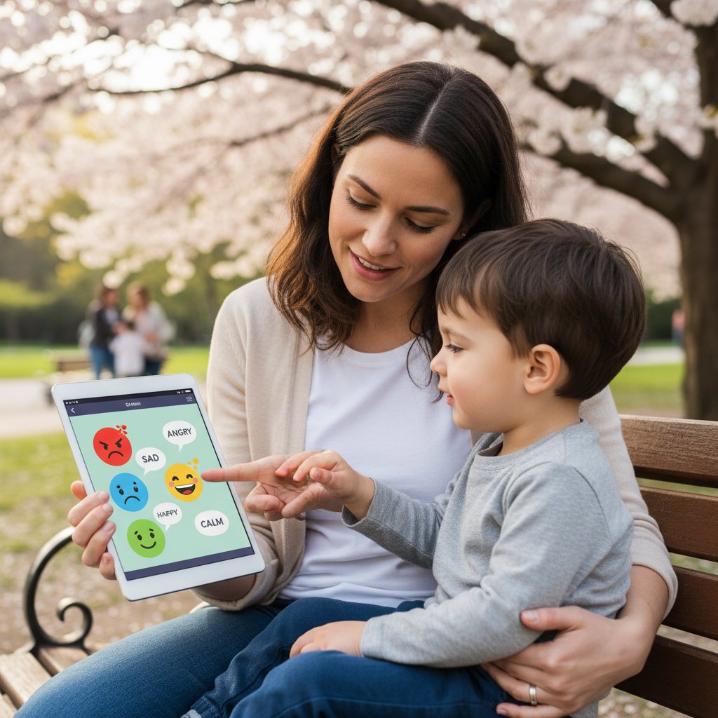 Rodzic korzystający z aplikacji psycholog.ai podczas rozmowy z dzieckiem o emocjach