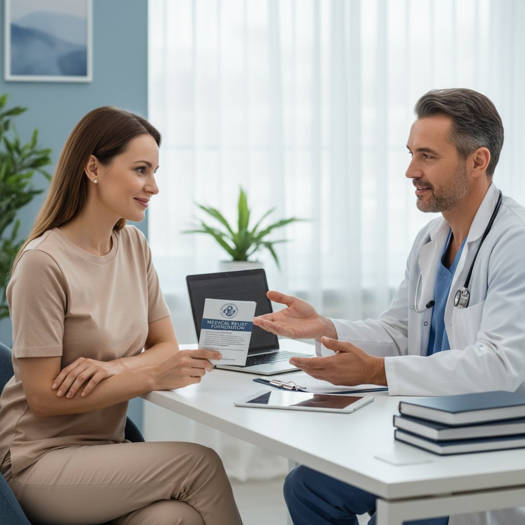 Pacjentka po badaniu scyntygraficznym, konsultacja z lekarzem, ulga po uzyskaniu diagnozy