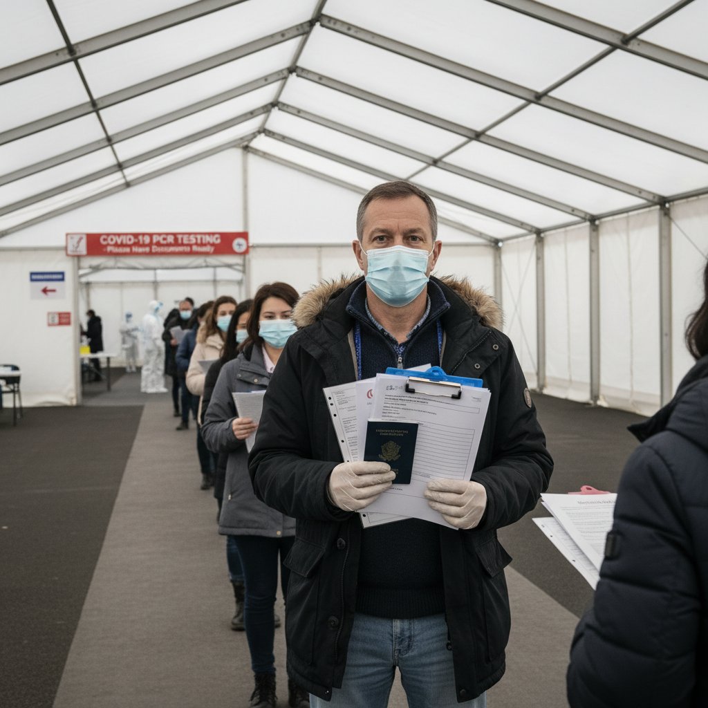 Pacjent przygotowujący się do testu PCR, w kolejce do laboratorium, z dokumentami w ręku