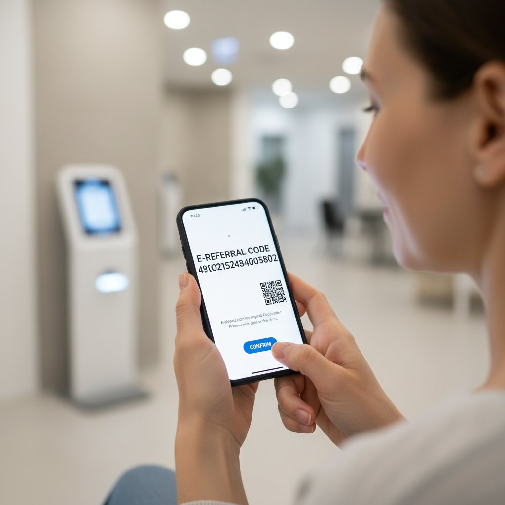 Pacjent otrzymujący kod e-skierowania na telefon, uśmiech, cyfrowa rejestracja