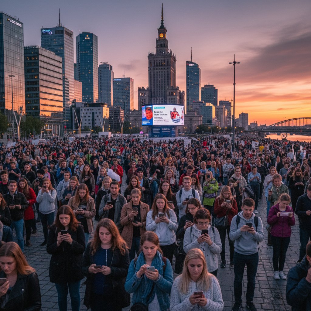 Ludzie na miejskim placu, część wpatrzona w smartfony, część patrzy na siebie z emocjami, warszawska panorama w tle, obrazujący porównania społeczne w 2025