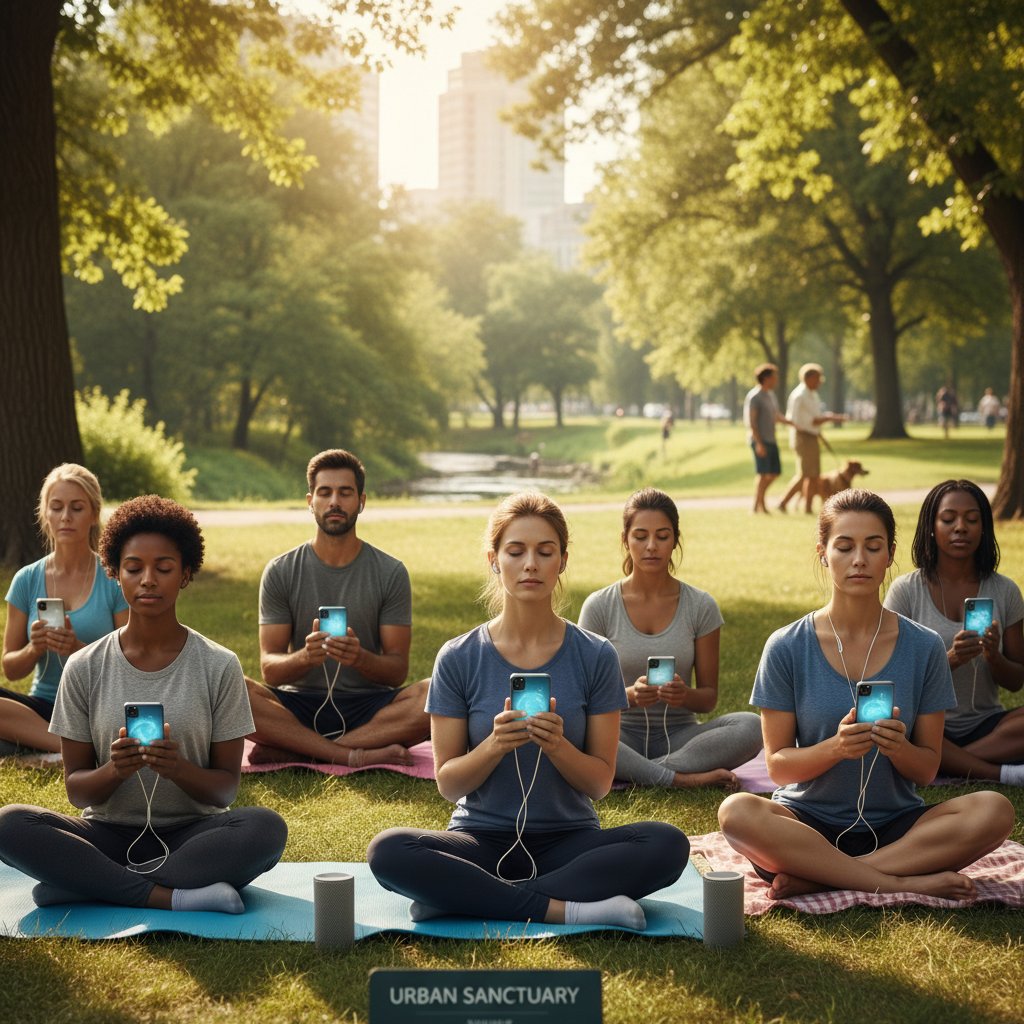 Grupa osób medytujących w parku, korzystających jednocześnie z aplikacji mindfulness na telefonach