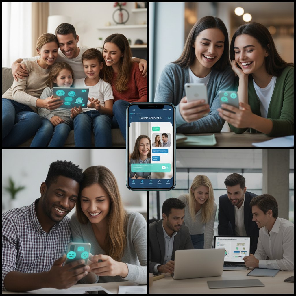 People in different life situations using a chatbot: friends, family, coworkers, showing diverse relationship challenges beyond romance