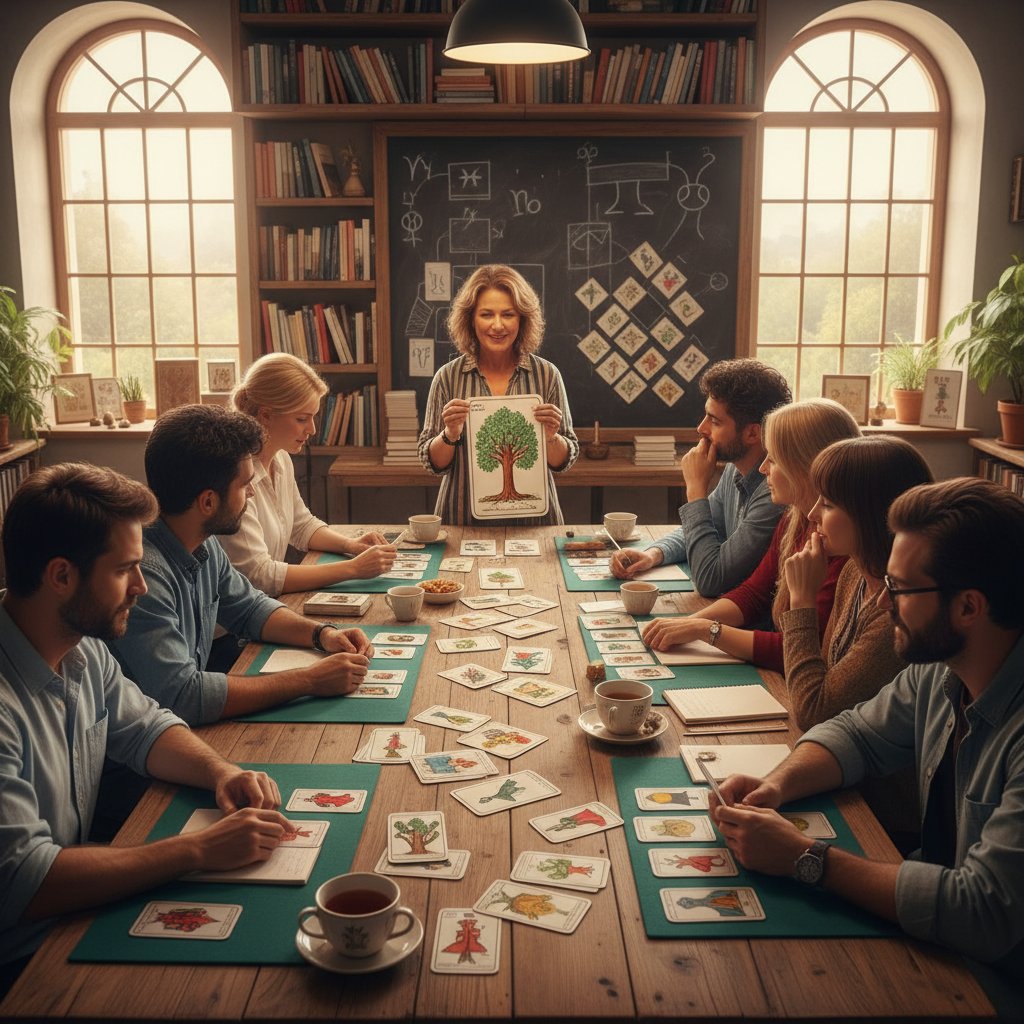 Grupa osób podczas warsztatów Lenormand, rozkładających karty i notujących