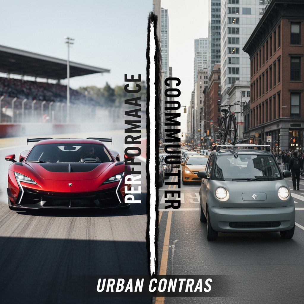 Juxtaposition of a performance car and a practical commuter car, highlighting contrasting lifestyles and priorities