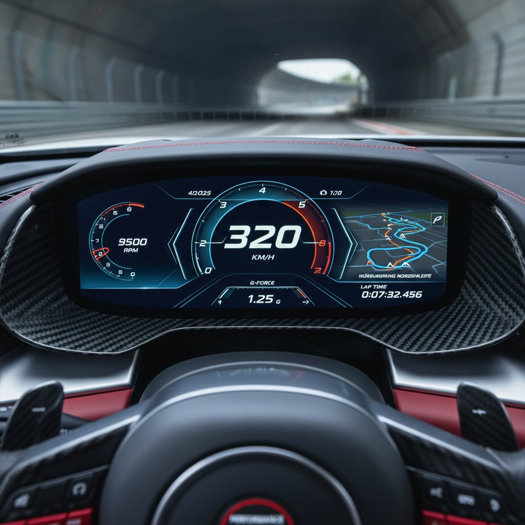 Performance car digital dashboard with advanced features, showing G-force, lap timer, and drive mode options