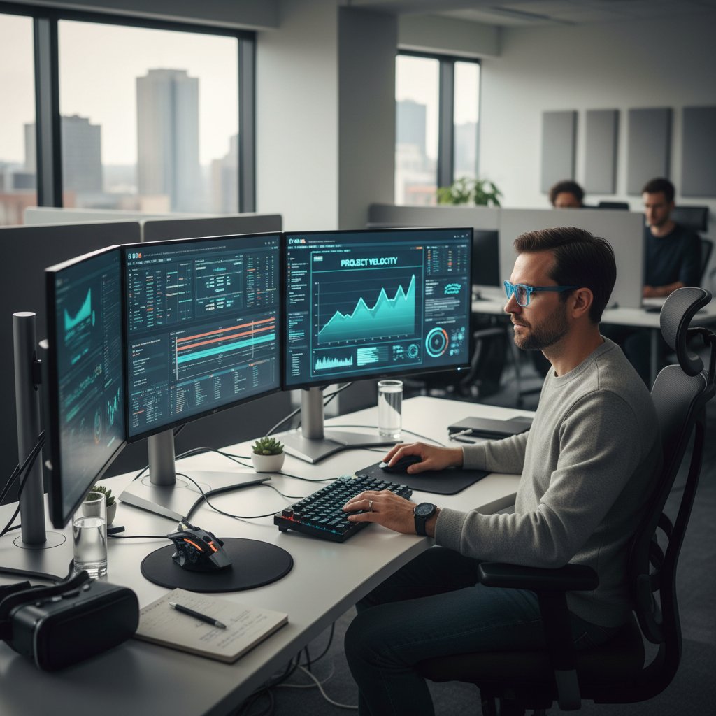 Photo of a focused performance coordinator managing digital dashboards in a dimly lit workspace, symbolizing control and oversight