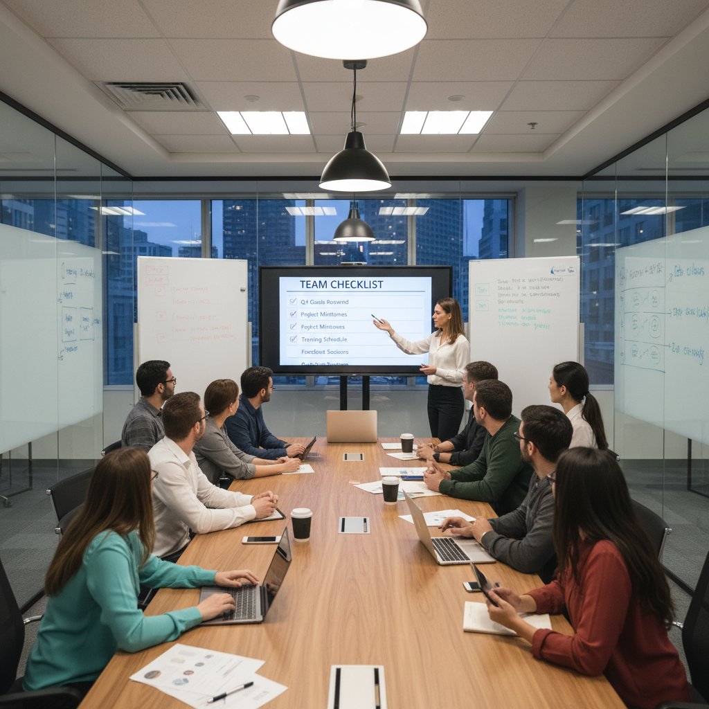 Photo of a performance coordinator holding a checklist during a team meeting, reinforcing self-assessment