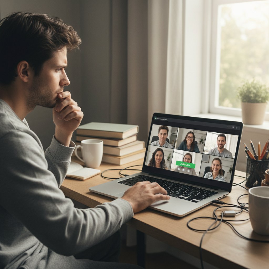 Osoba przed laptopem, waha się przed dołączeniem do sesji online