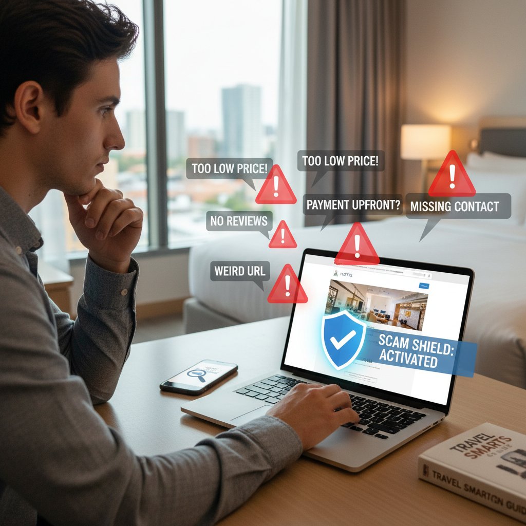 Person scrutinizing hotel booking details on laptop, red flags and scam prevention