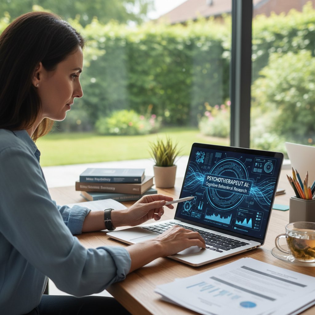 Symbolbild: Person nutzt Laptop für Recherche, entspannte Haltung, Fokus auf Bildschirm mit psychotherapeut.ai Interface