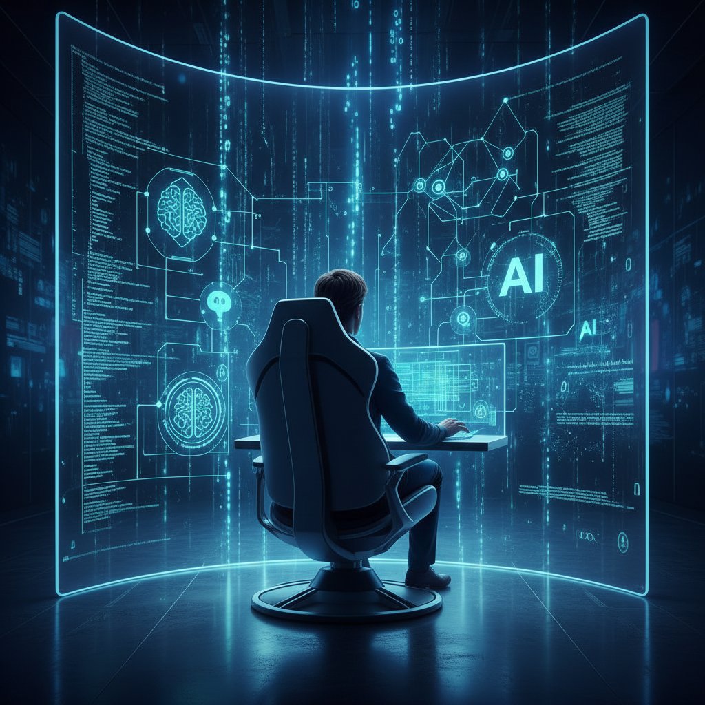 Zdjęcie człowieka stojącego przed wielkim ekranem wypełnionym kodem i symbolami AI