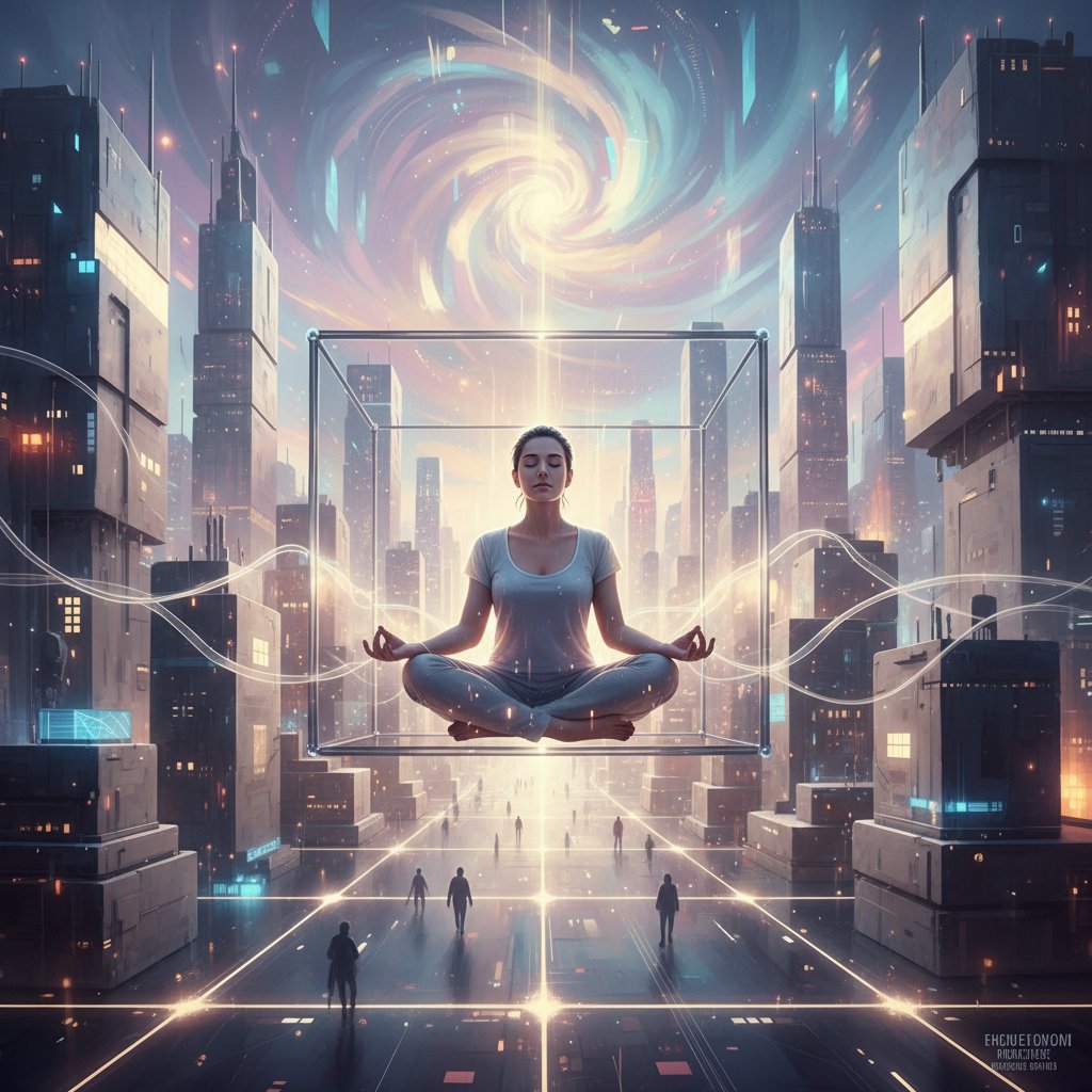 Osoba medytująca na tle miasta, praktyka mindfulness w przestrzeni przejściowej