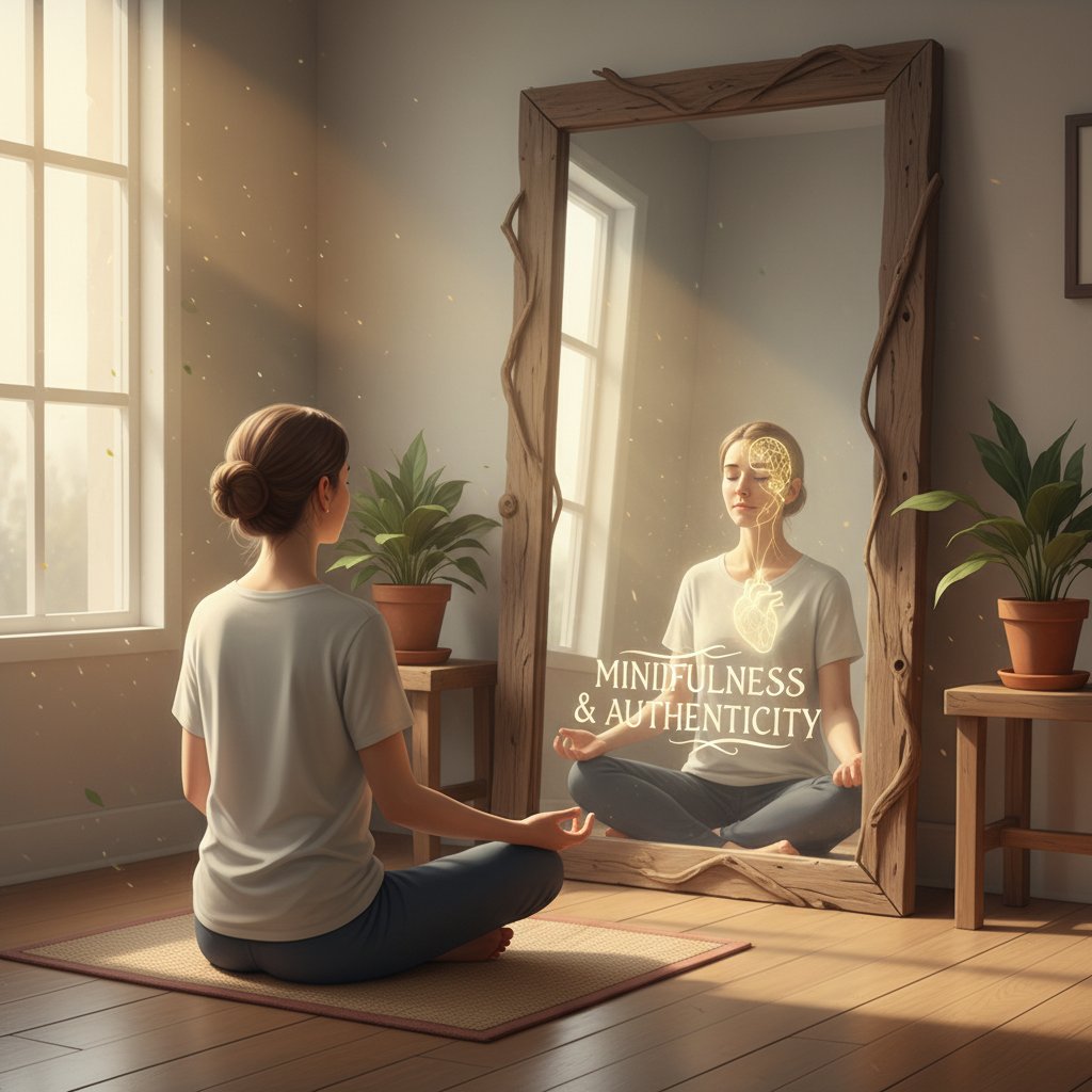 Osoba siedząca w medytacji, otoczona lustrem odbijającym różne wersje siebie – mindfulness i autentyczność