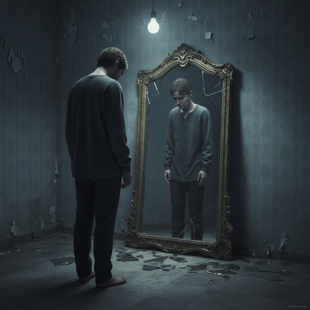 Zdjęcie osoby patrzącej w lustro, wyrażającej smutek i refleksję