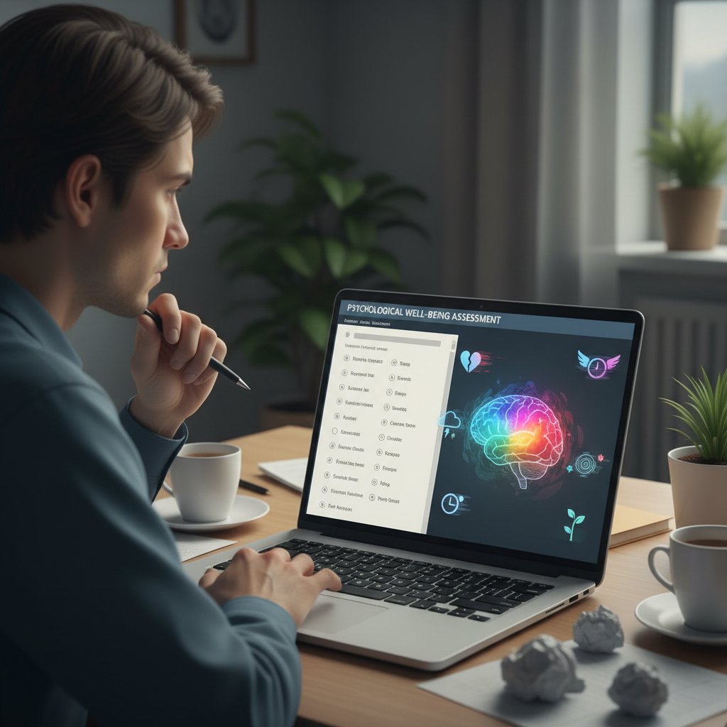 Symbolbild: Person füllt Online-Test auf Laptop aus, Gesichtsausdruck zwischen Hoffnung und Skepsis
