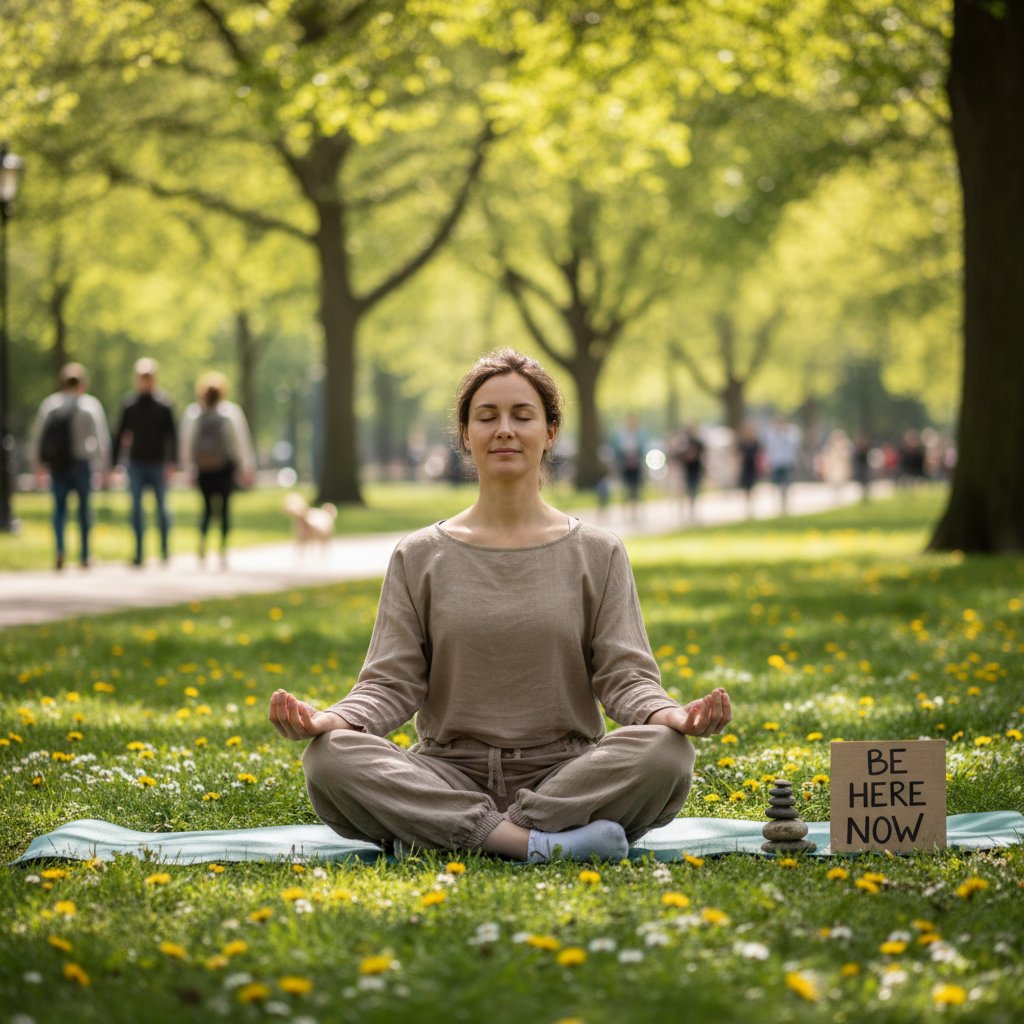 Osoba siedząca w parku, relaksująca się podczas ćwiczeń mindfulness