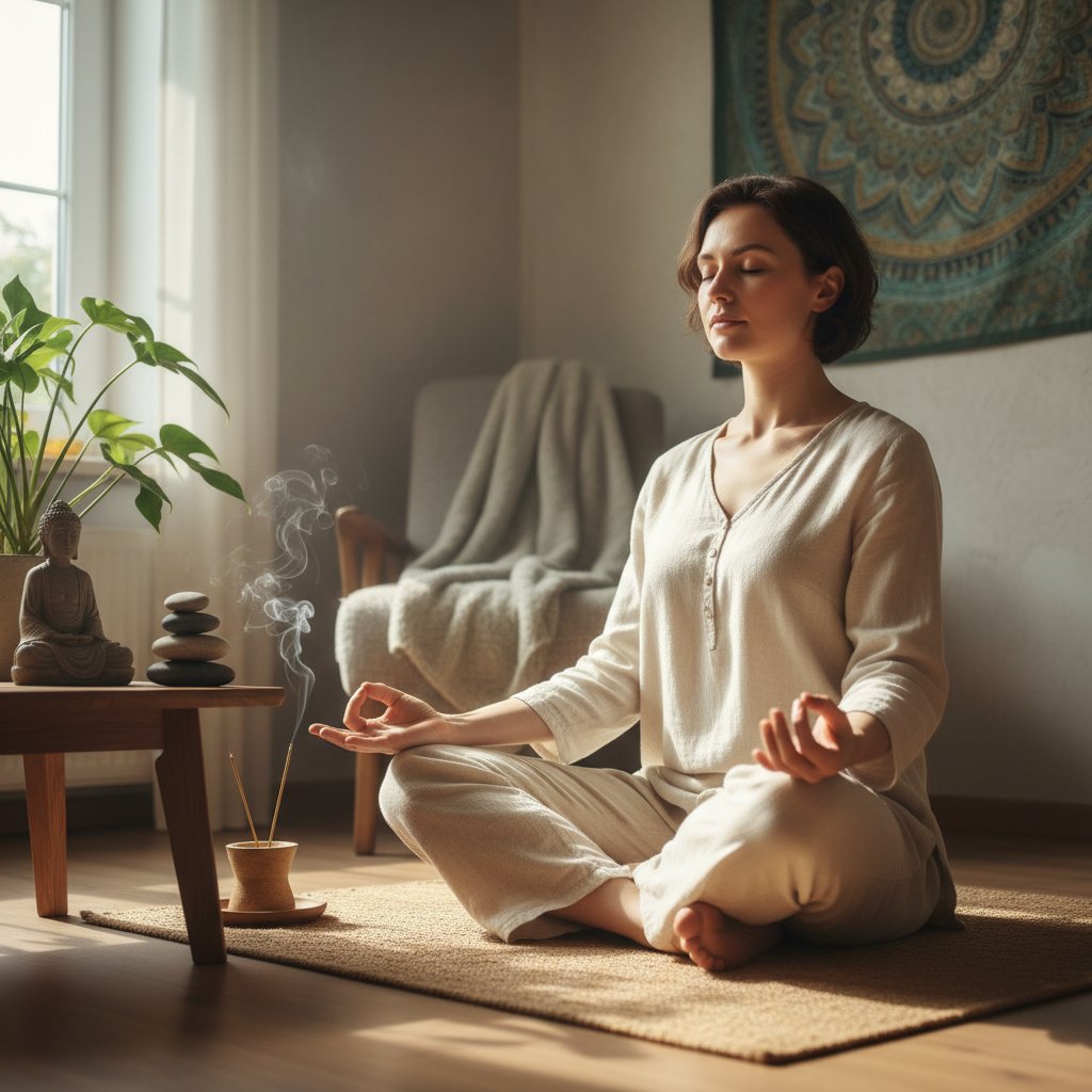 Osoba praktykująca medytację w domowym zaciszu, elementy mindfulness