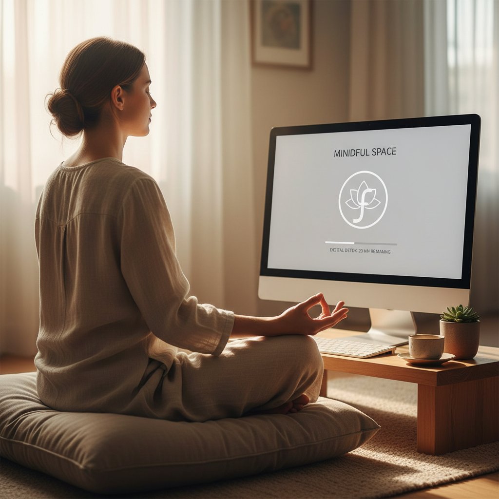 Osoba praktykująca mindfulness przy komputerze – Facebook depresja a cyfrowy minimalizm