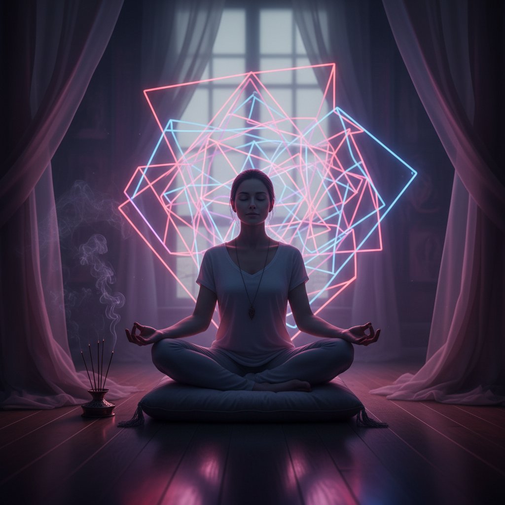 Kink i zdrowie psychiczne: osoba praktykująca mindfulness z akcesoriami kink w tle