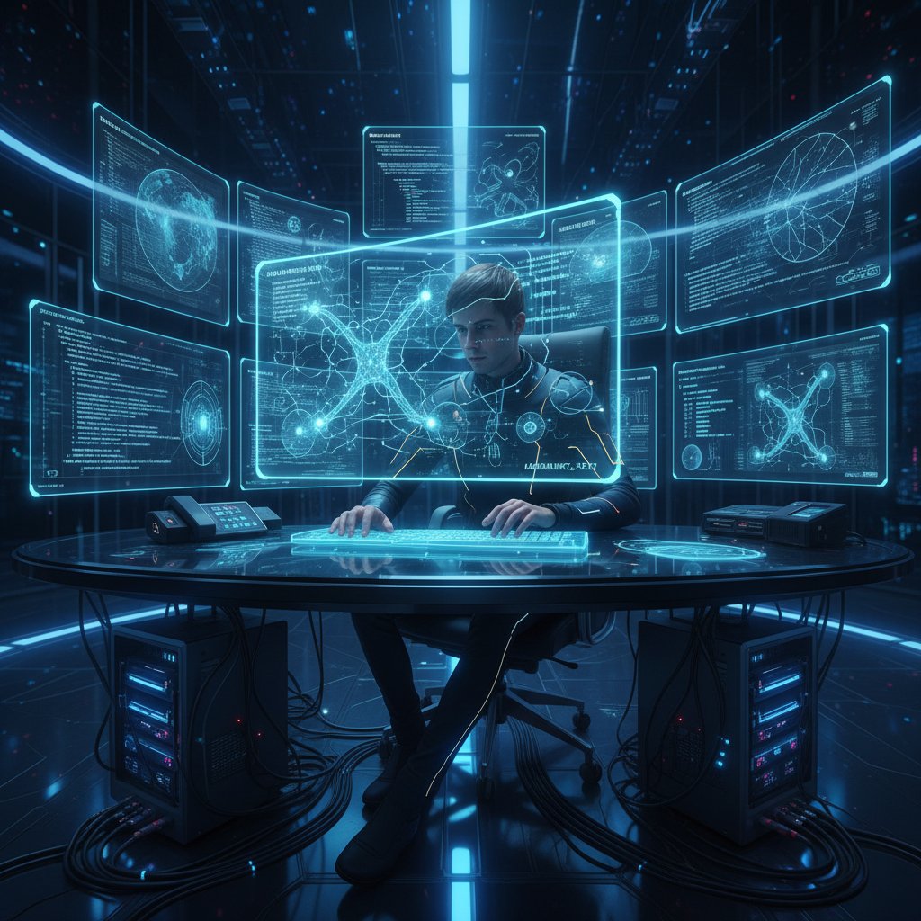 Osoba programująca algorytm AI, cyfrowe symbole, klimat technologiczny