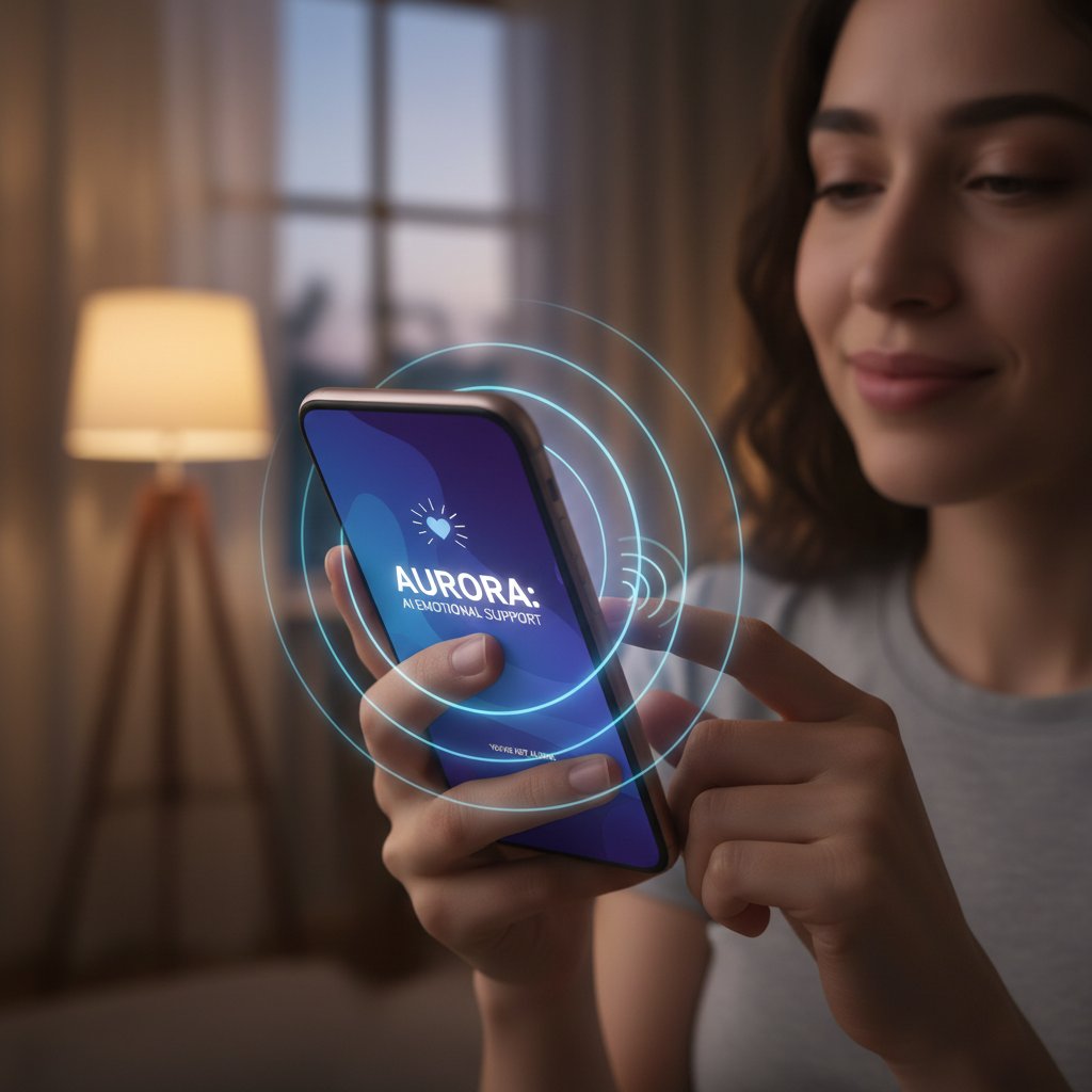 Osoba trzymająca smartfon, na ekranie aplikacja AI do wsparcia emocjonalnego z funkcją haptyki