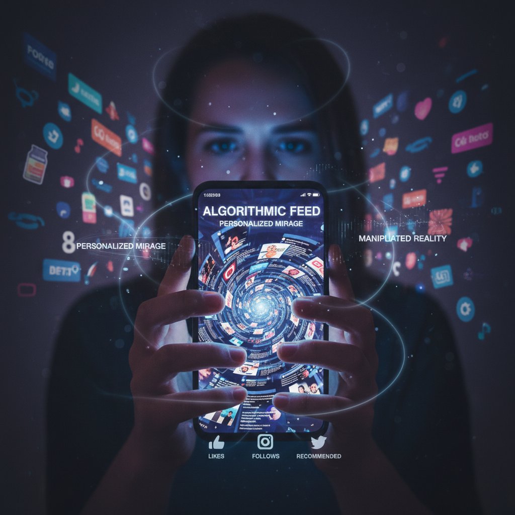 Osoba przeglądająca feed w smartfonie, otoczona algorytmicznie dobranymi treściami, personalizacja czy manipulacja?