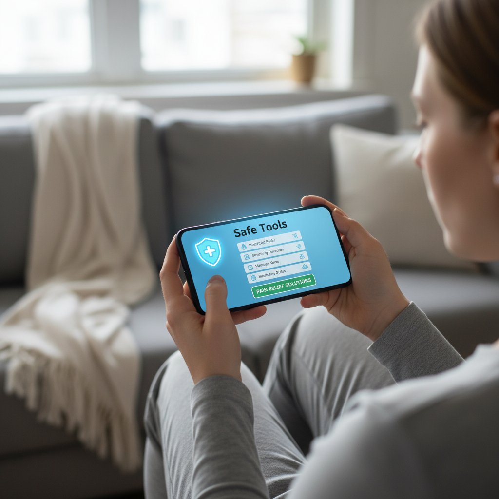 Zdjęcie osoby analizującej aplikacje zdrowotne na smartfonie, z widocznymi ikonami potwierdzającymi bezpieczeństwo narzędzi