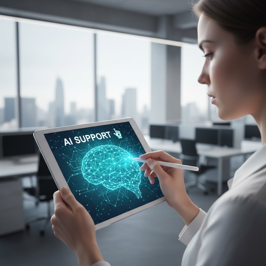 Osoba rozmawiająca z cyfrowym asystentem na tablecie, poczucie wsparcia i bezpieczeństwa, słowa kluczowe: AI, chatbot, wsparcie psychiczne