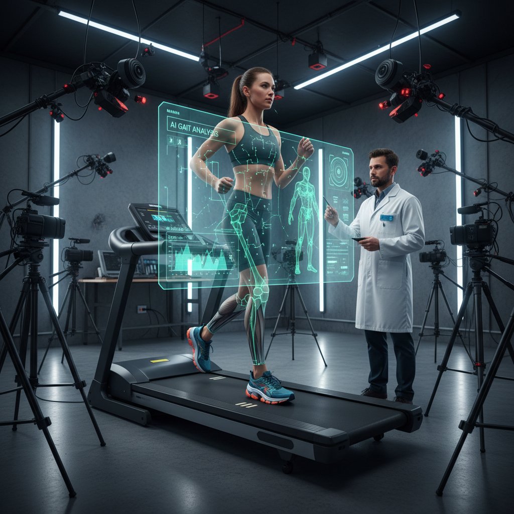 Osoba testująca buty z użyciem technologii AI do analizy ruchu