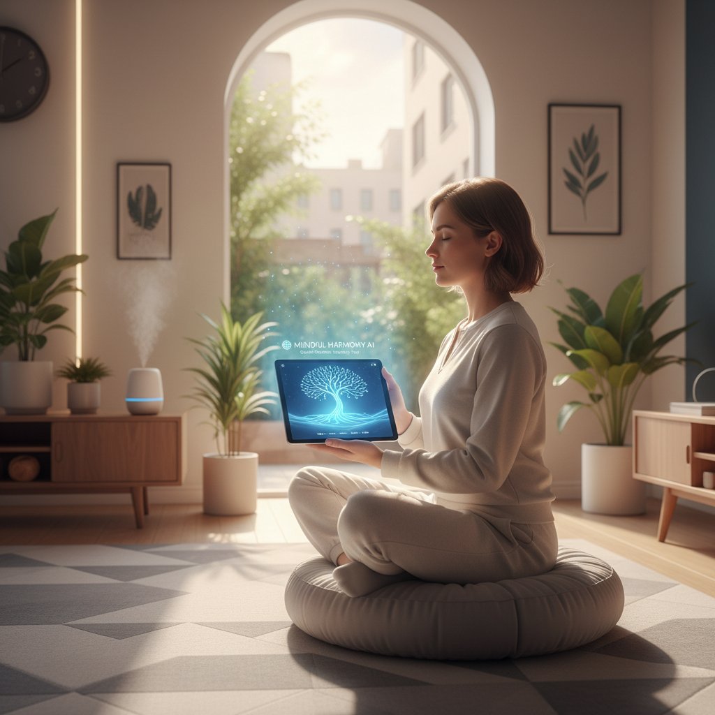 Osoba korzystająca z aplikacji AI do ćwiczeń mindfulness w nowoczesnym wnętrzu