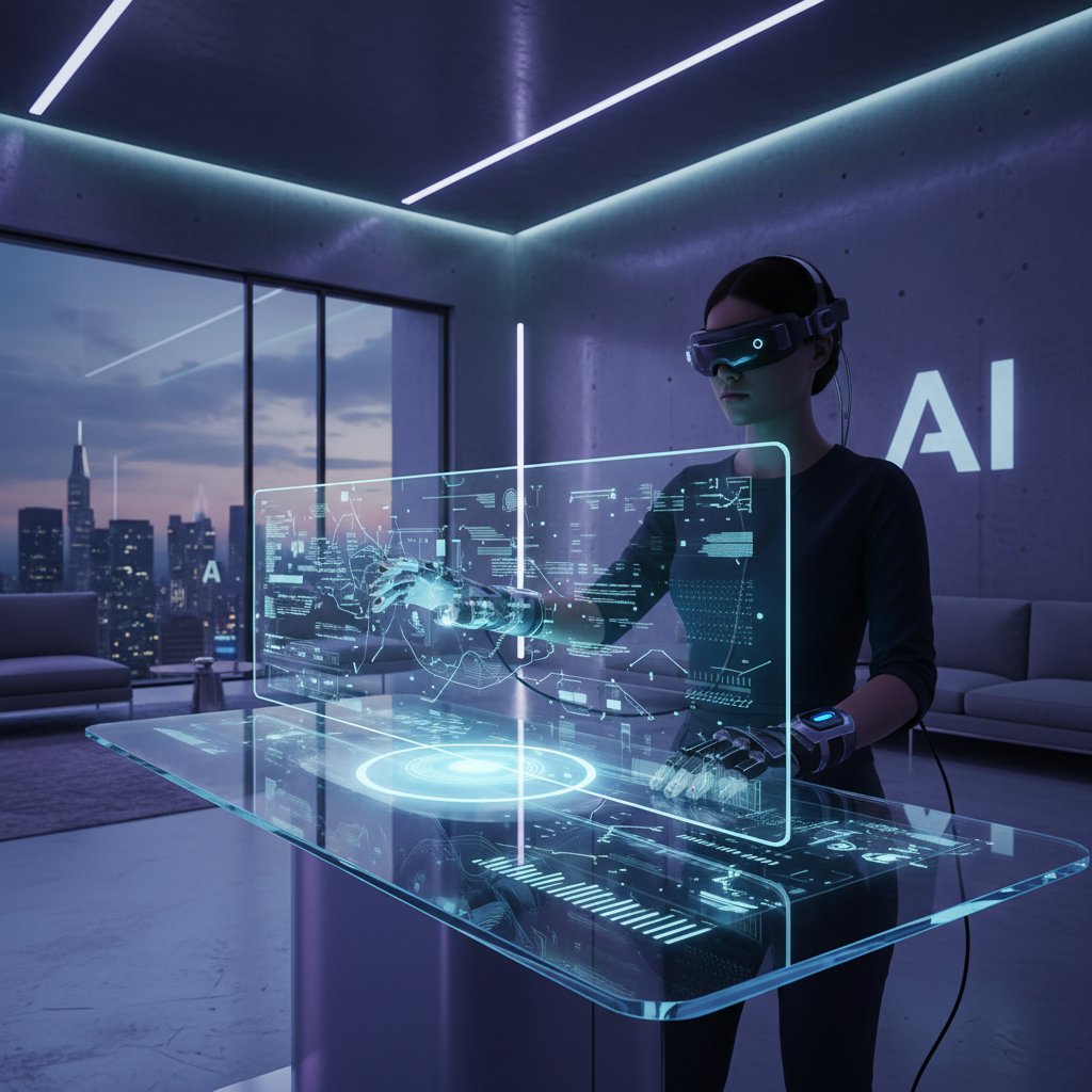 Osoba używa urządzenia haptycznego symulującego dotyk, nowoczesne wnętrze, słowa kluczowe: AI, głaskanie, technologia dotyku
