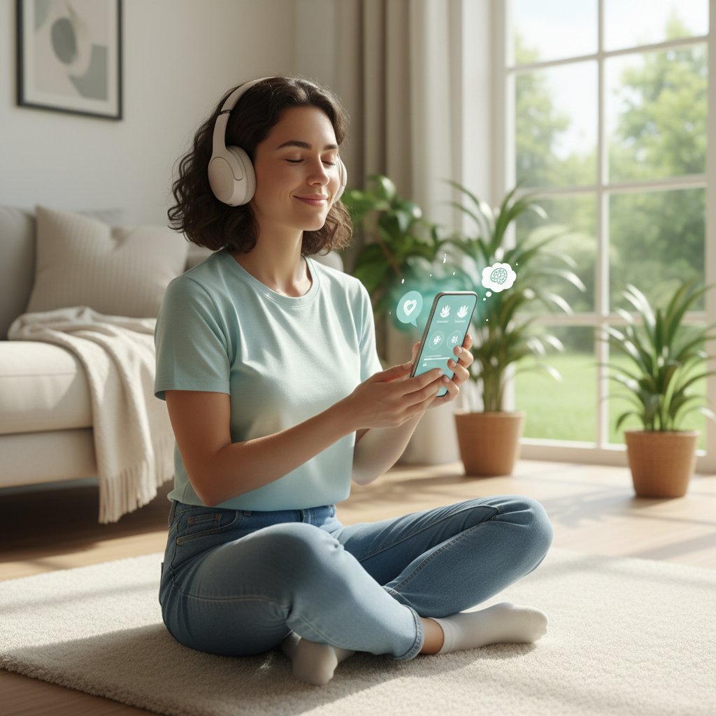 Zdjęcie osoby korzystającej ze smartfona, na ekranie widoczne aplikacje do mindfulness i zarządzania emocjami