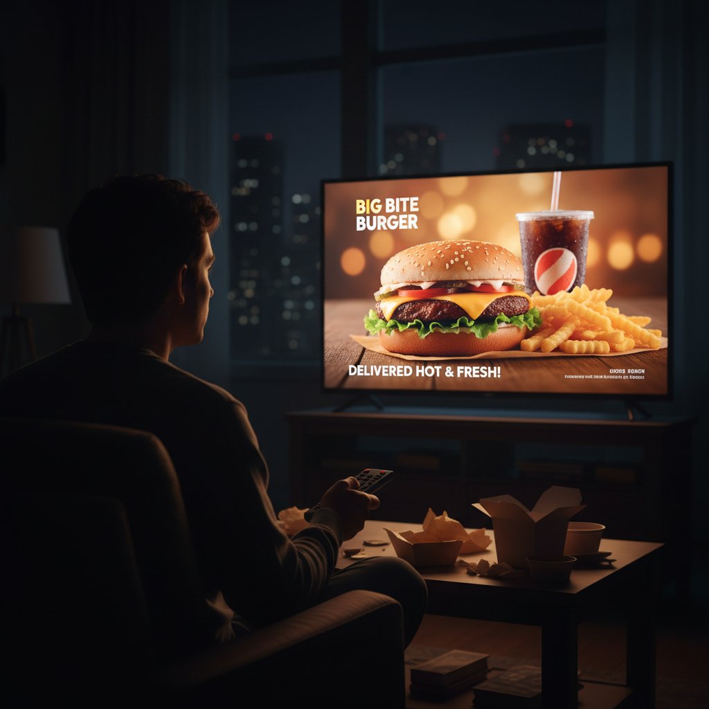 Telewizor w ciemnym pokoju, na ekranie reklama fast food, osoba siedząca samotnie z jedzeniem
